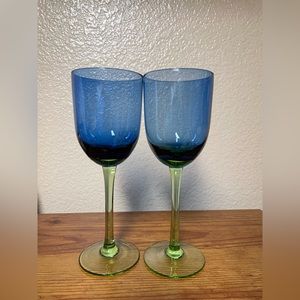 Vintage Hand Blown Tall Blue Green Wine Glasses.